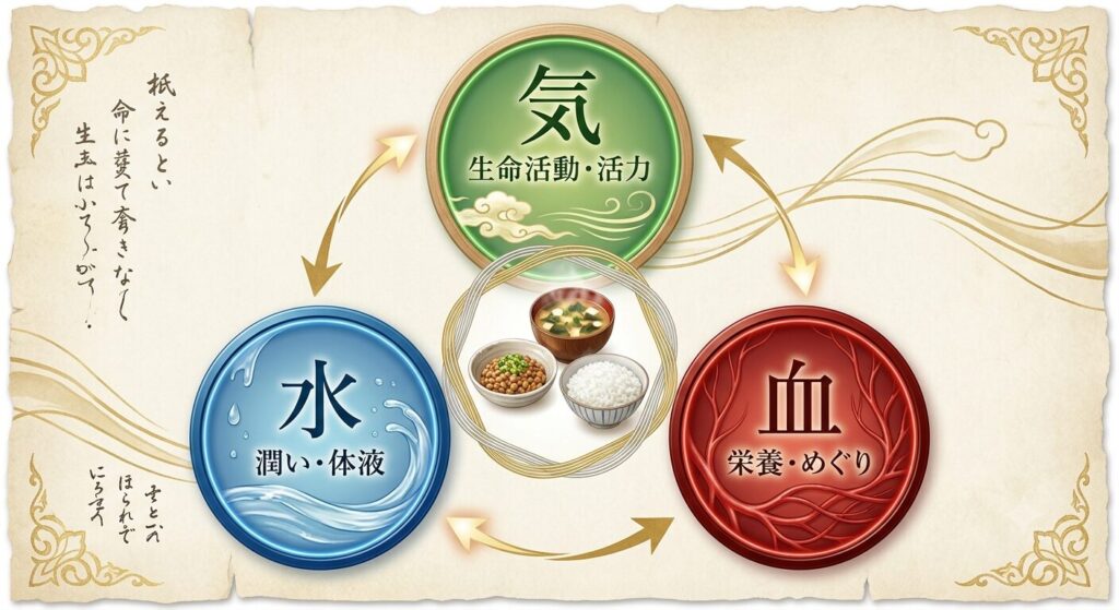 気・血・水の三要素と、中央に配置した味噌汁や納豆との関係を図解で表したイラストです。