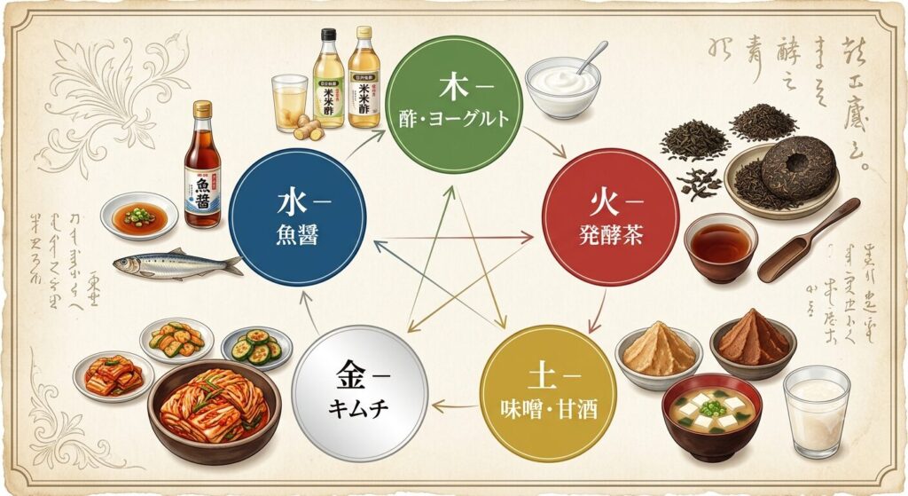 木・火・土・金・水の五行と、それぞれに対応する発酵食品をまとめた図解です。