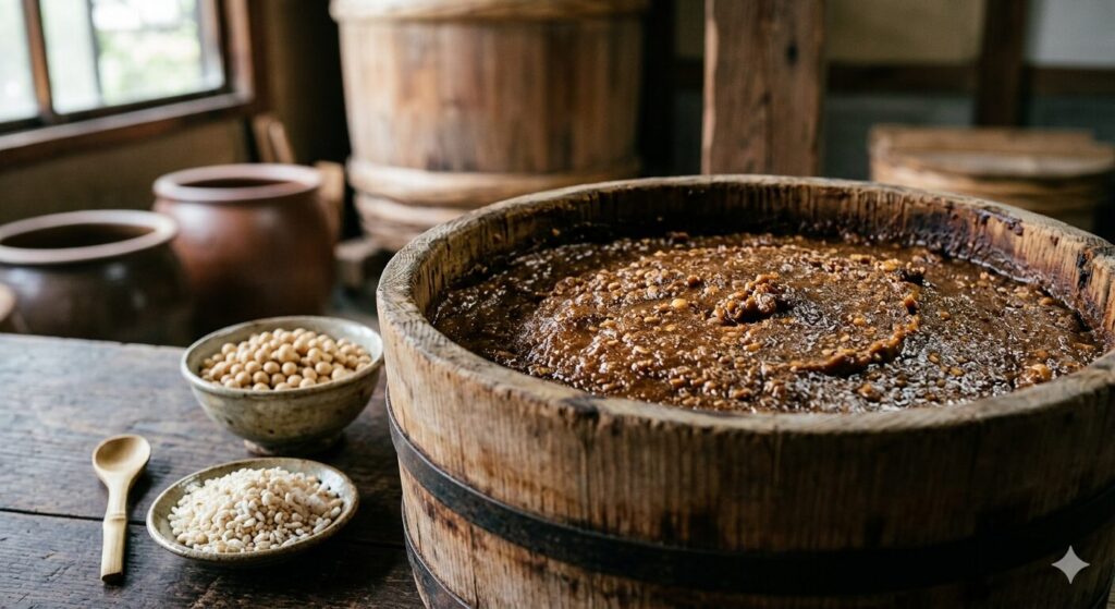 木桶に入った赤味噌と大豆、米麹を撮影した画像です。味噌の発酵や機能性成分を視覚的に表現してます。