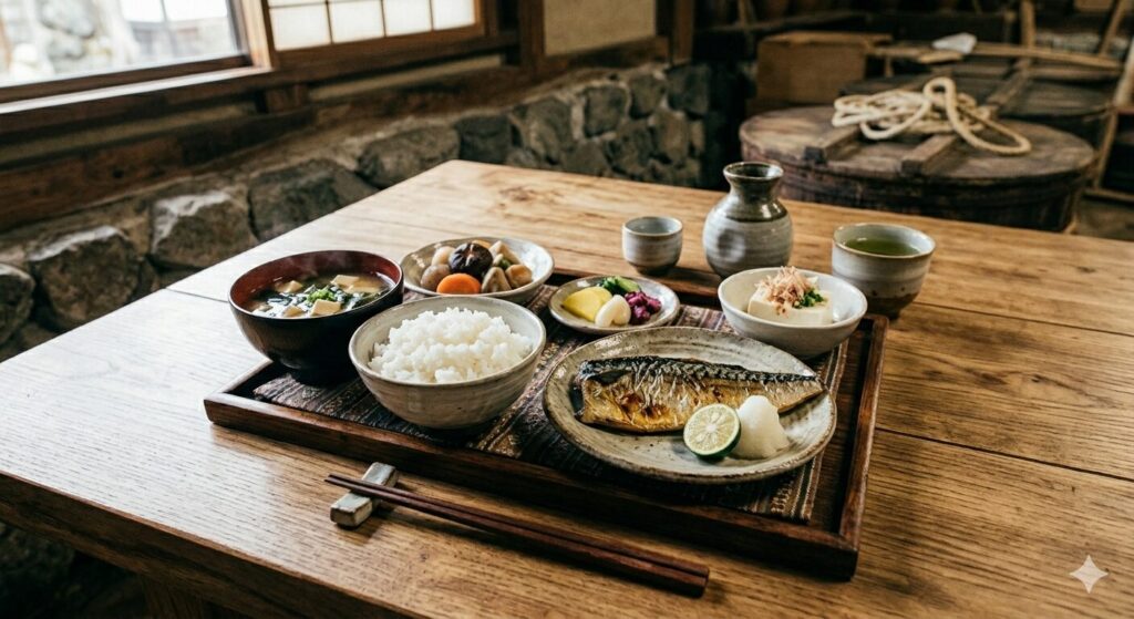 和食の一例として味噌汁とご飯が並ぶ食卓の様子です
