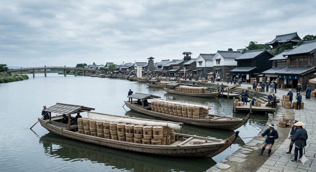 利根川を利用して醤油樽を江戸へ運ぶ、江戸時代の物流風景を表現した画像です。
