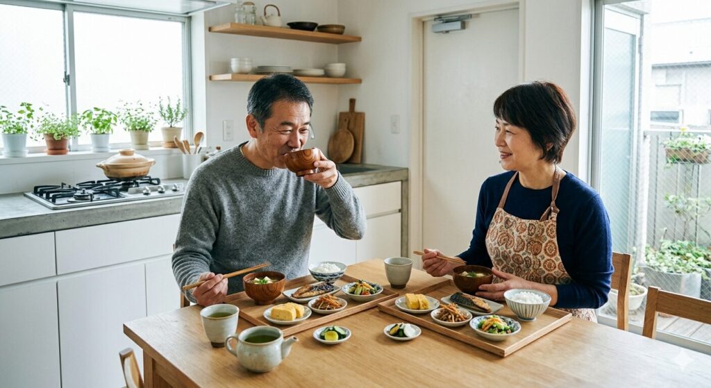 味噌汁を食卓で楽しむ日本人夫婦の様子を撮影した画像です。味噌汁と血圧ケアの関係をイメージできる内容。