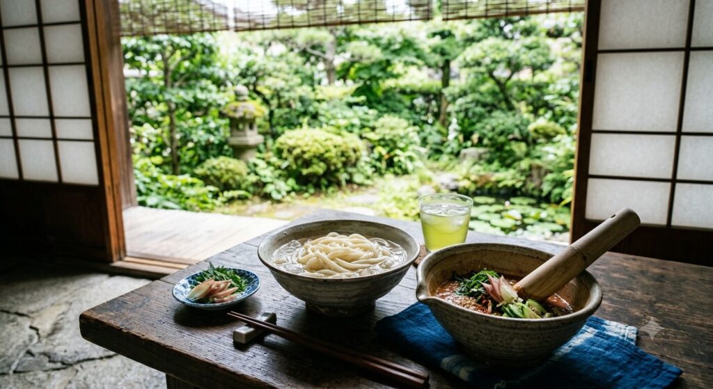 埼玉県の郷土料理「すったて」と冷たいうどんを組み合わせた夏の食事風景です。