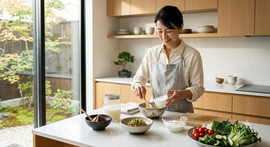 味噌や野菜を使った料理の様子で、腸内環境を整える食生活を表している写真です。