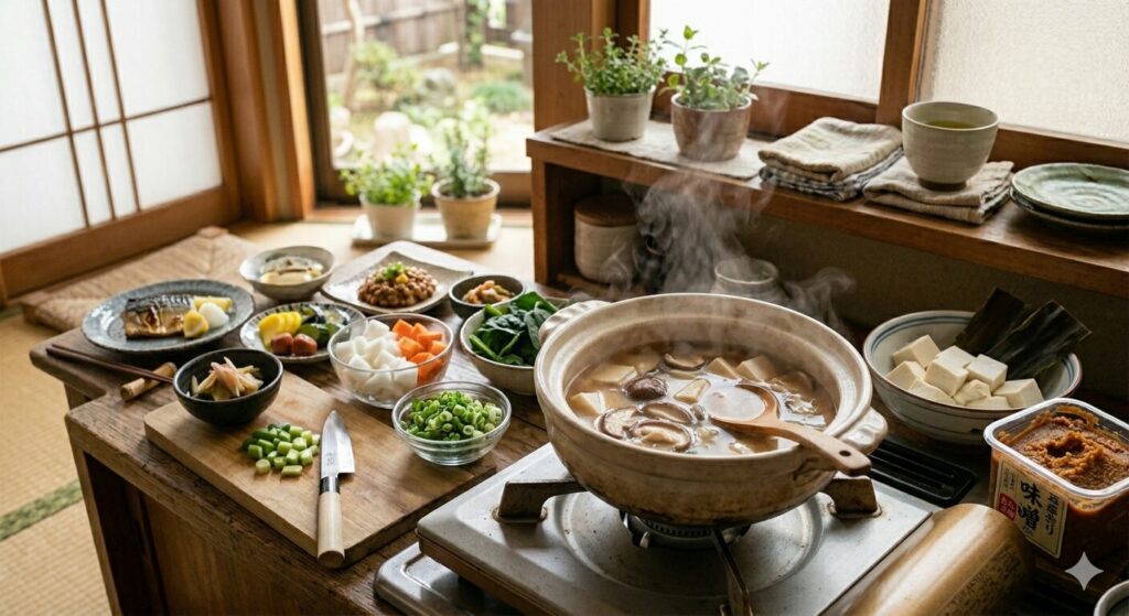 味噌汁と納豆、漬物などの発酵食品を並べた画像です。腸内環境を整える発酵食品の食文化を表現してます。