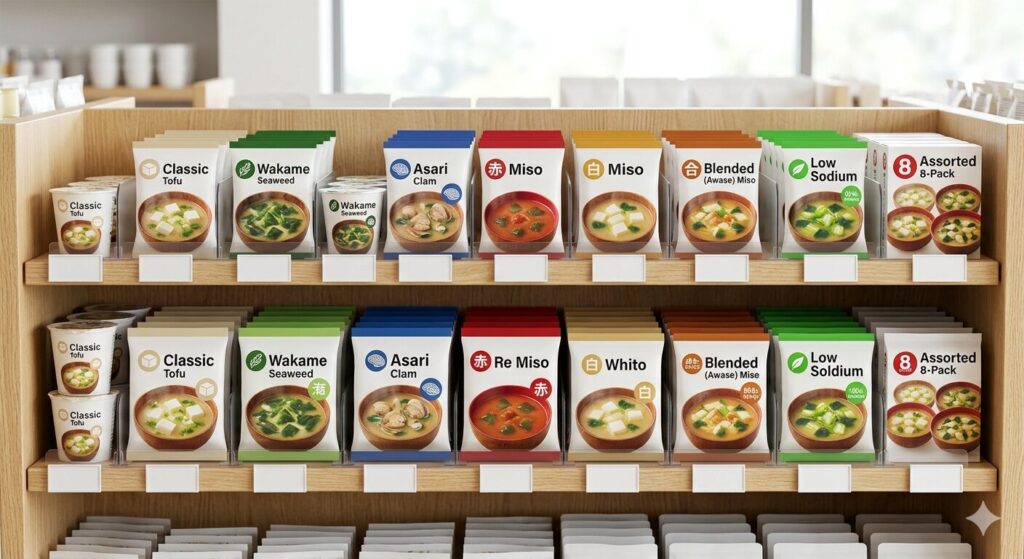 インスタント味噌汁の商品が並んでいる様子です