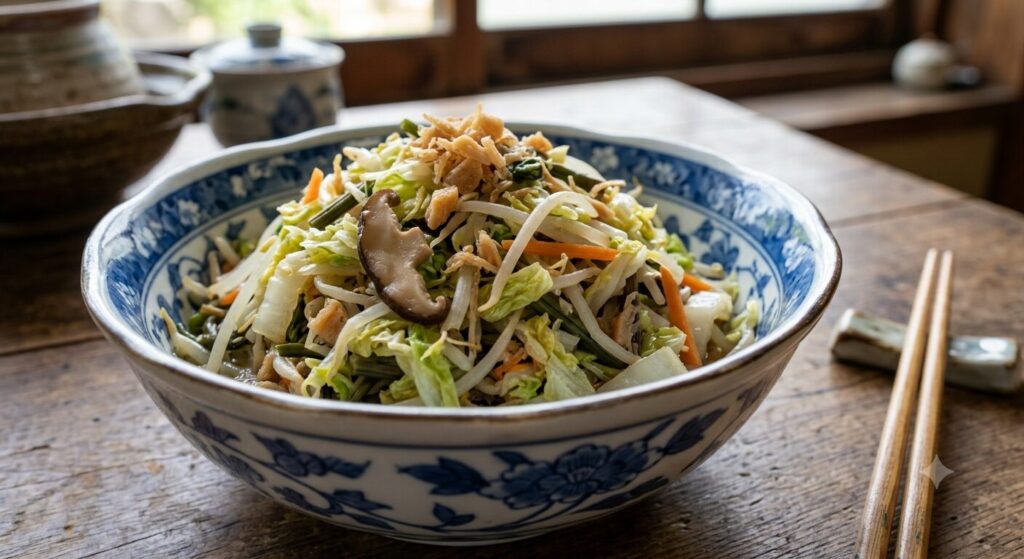 山形県米沢地方に伝わる冷や汁を表現した画像です。季節野菜や乾物を使った具だくさんのおひたし料理の様子を示しております。