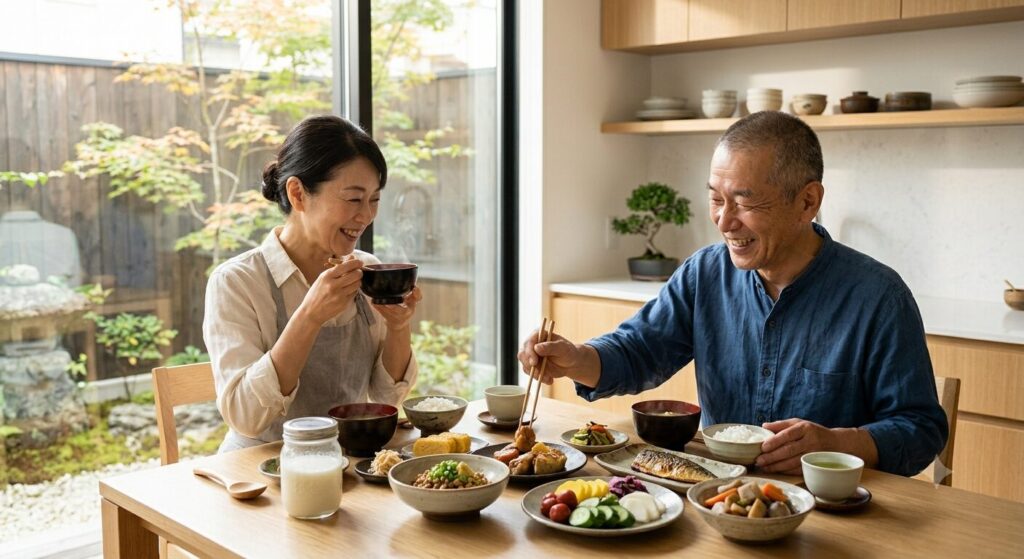 味噌汁を囲んで食事を楽しむ夫婦の様子で、発酵食品が支える健康的な食生活を表している写真です。