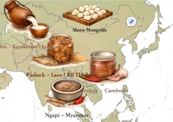 アジア地図に5つの伝統的な発酵食品アイコンが配置された画像。ミャンマーのンガピ、カンボジアのプラホック、ラオス／タイ東北部のパデーク、モンゴルのアーロール、カザフスタン／キルギスのクムスが、それぞれの地域に対応して描かれている。背景は温かみのある地図調で、文化的な雰囲気を演出している。