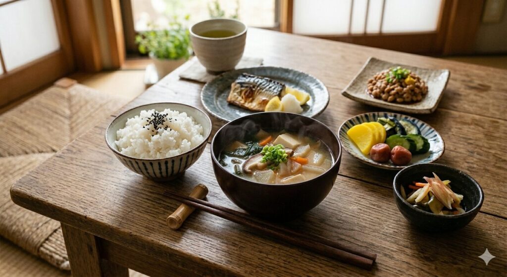 味噌汁を中心にした栄養バランスの良い和食膳を撮影した画像です。毎日の健康習慣としての味噌汁を表現してます。