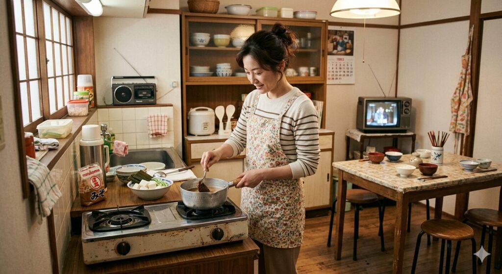 1980年代の日本の家庭で、手軽に味噌汁を作る食卓風景を表現した画像です。