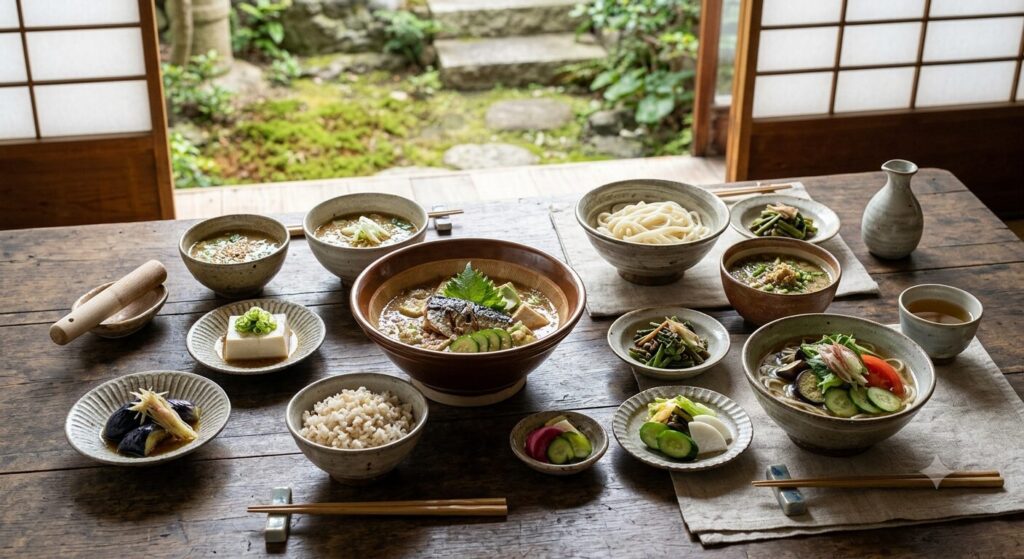 地域ごとに異なる冷や汁文化を表現した日本の食文化比較の様子です。