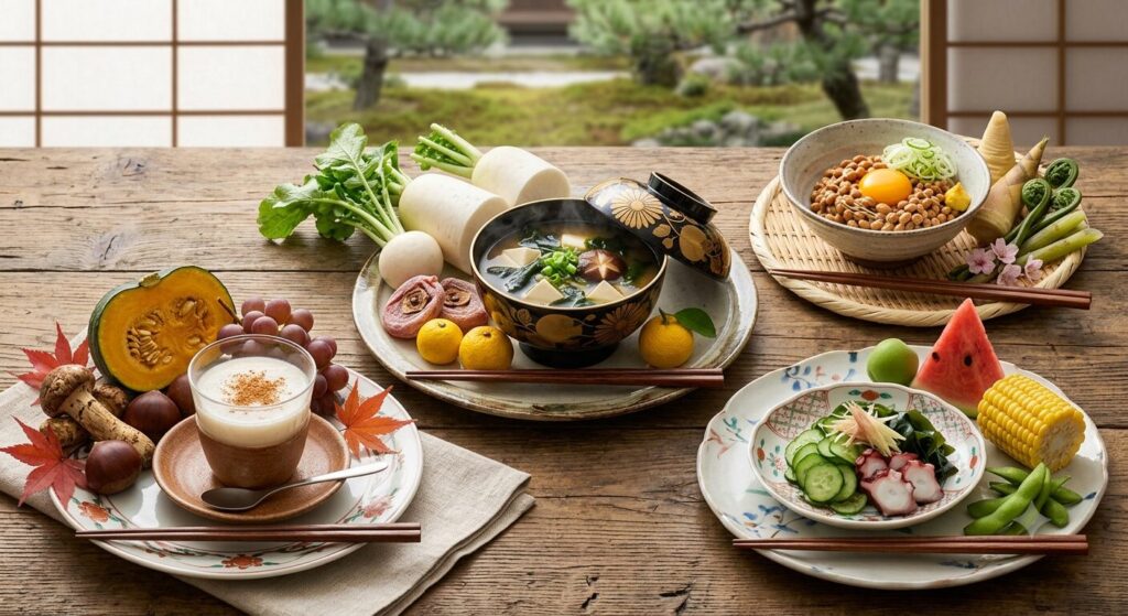 四季をイメージした味噌や漬物が並び、体質や季節に合わせた食品の選び方を表している写真です。
