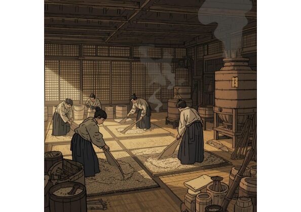江戸時代の麹屋の内部を再現した情景。複数の職人が木べらで蒸し米を広げ、麹菌を植え付ける作業を行っている。木造の建物と道具が、伝統的な製麹の雰囲気を伝えている。