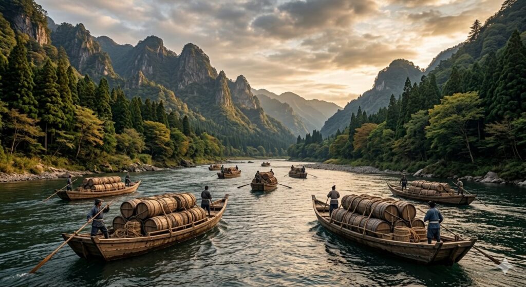 川舟で味噌樽を運ぶ様子