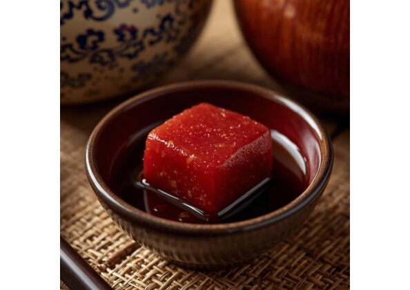 小鉢に盛られた赤い豆腐ようが黒褐色の液体に浸されている。背景には沖縄の伝統的な陶器が並び、発酵珍味としての風格と地域文化が感じられる構図。