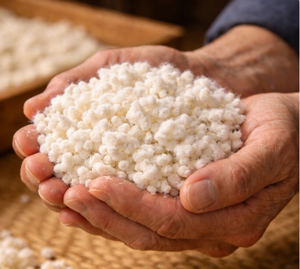 両手で包み込むように持たれた米麹。米粒は白い菌糸に覆われ、発酵が進んだ状態が視覚的に伝わる。背景には木製の麹蓋があり、伝統的な製麹の現場を想起させる構図。