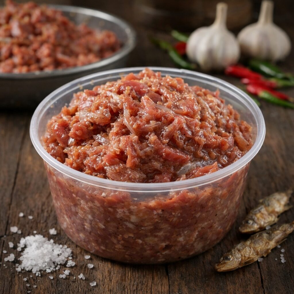 カンボジアの発酵魚ペースト「プラホック」が透明な容器に盛られている。湿った赤褐色のペーストには魚の皮や骨片が混じり、周囲に乾燥魚、唐辛子、ニンニク、粗塩が添えられている。