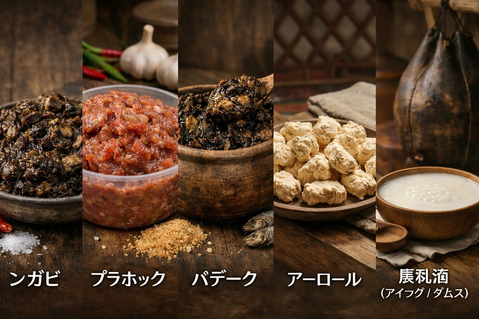 ンガピ、プラホック、パデーク、アーロール、馬乳酒(アイラグ/クムス)の5種類の発酵食品が並ぶコラージュ画像。各国の器に盛られた発酵食品が横一列に配置され、アジアの多様な発酵文化を表現している。