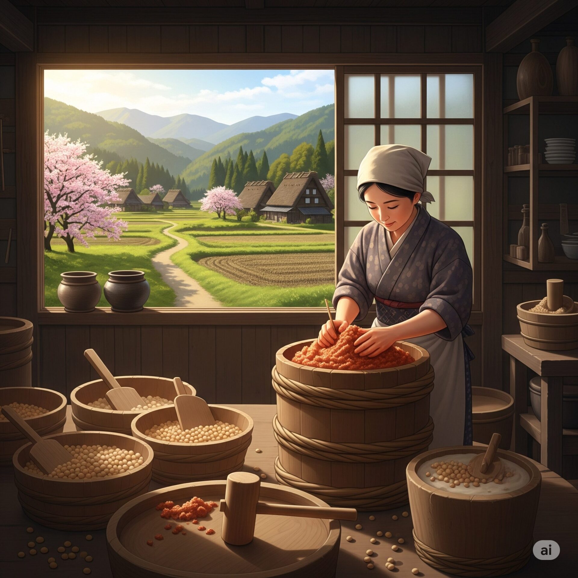 伝統的な日本の台所で味噌を仕込む女性と木桶、春の田舎風景