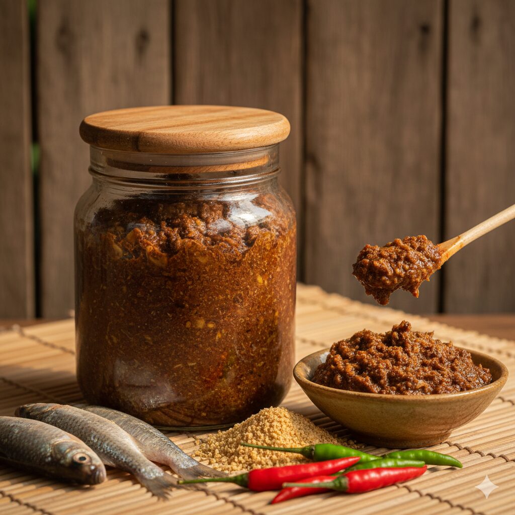 ラオスとタイ北部の伝統発酵調味料「パデーク」。魚と米糠を発酵させた粒感のあるペーストが瓶と小鉢に盛られ、淡水魚や唐辛子とともに並ぶ。