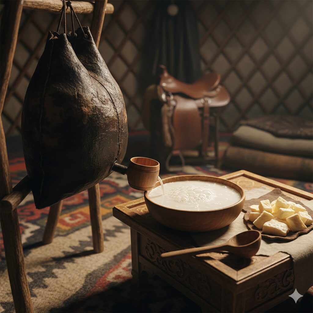 中央アジアの伝統発酵飲料「馬乳酒（アイラグ／クムス）」。革袋から白濁した乳が木の器に注がれ、ゲルの中に広がる遊牧民の暮らしを描いた風景。