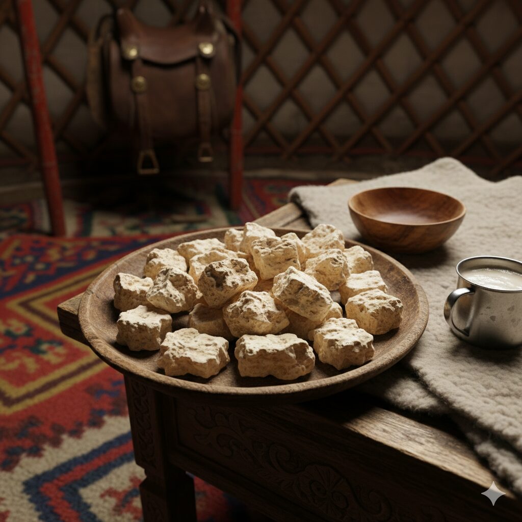 モンゴルの伝統発酵チーズ「アーロール」。象牙色の乾燥チーズ片が木皿に盛られ、ゲルの内部に並ぶ遊牧民の暮らしを感じさせる風景。