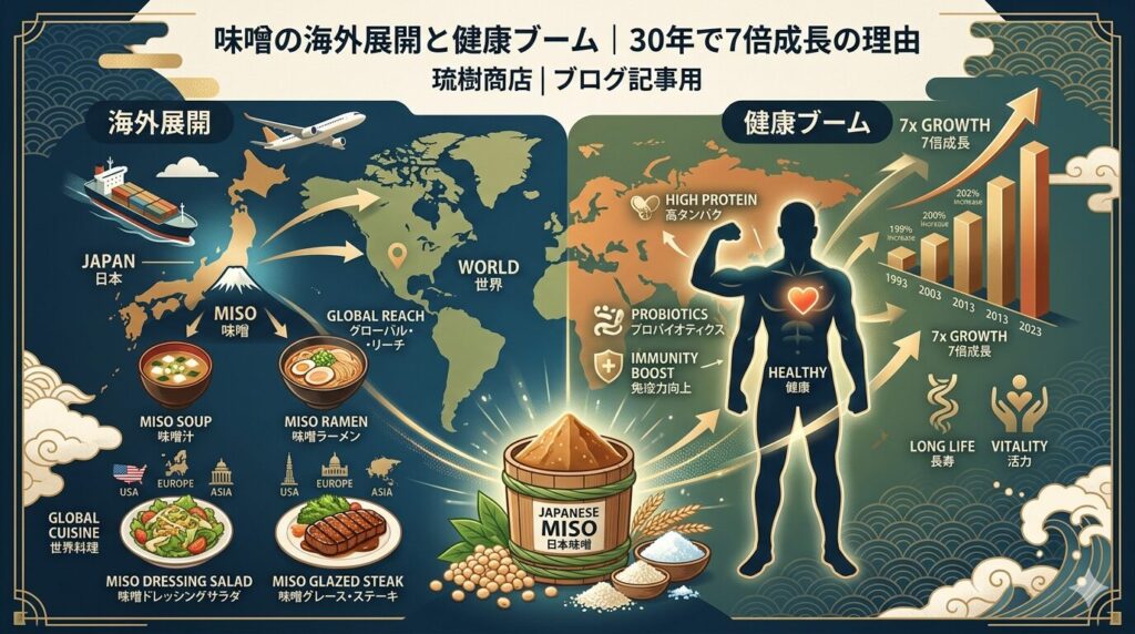 味噌の海外展開と健康ブームを紹介するインフォグラフィック。浮世絵風の波や世界地図を背景に、日本から世界へ広がる味噌料理(左)と、健康効果や30年で7倍の成長グラフ(右)を和モダンなデザインでまとめています。
