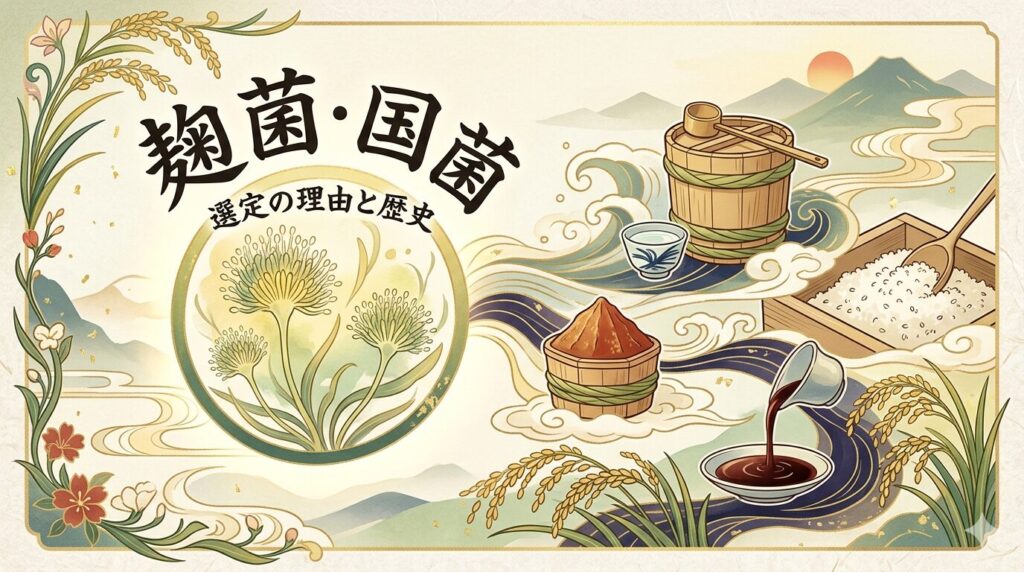 和風のイラスト調ヘッダー。中央左に金色の輪に囲まれた麹菌の顕微鏡イメージがあり、その上に「麹菌・国菌」「選定の理由と歴史」という日本語のタイトルが書かれている。右側には、酒、味噌、醤油などの発酵食品と、それらの原料である米や稲穂、そしてそれらをつなぐ水の流れが描かれている。