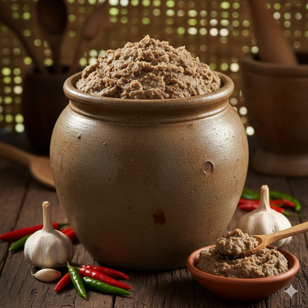 カンボジアの伝統発酵調味料「プラホック」。粗めの魚ペーストが陶器の壺に詰められ、にんにくや唐辛子とともに素朴な台所に並ぶ。