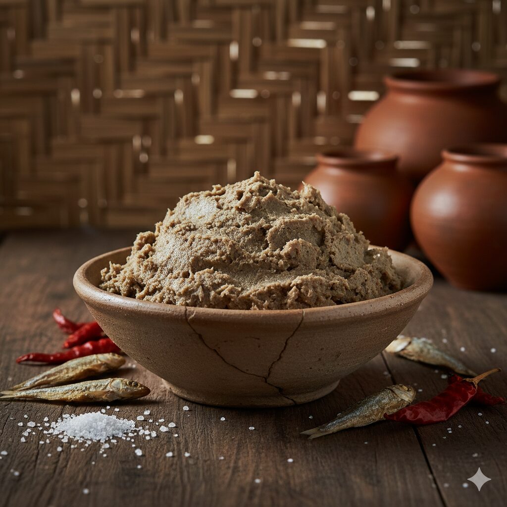 ミャンマーの伝統発酵調味料「ンガピ」。灰褐色で粗めの魚ペーストが素焼きの器に盛られ、干し魚や塩、唐辛子とともに並ぶ。