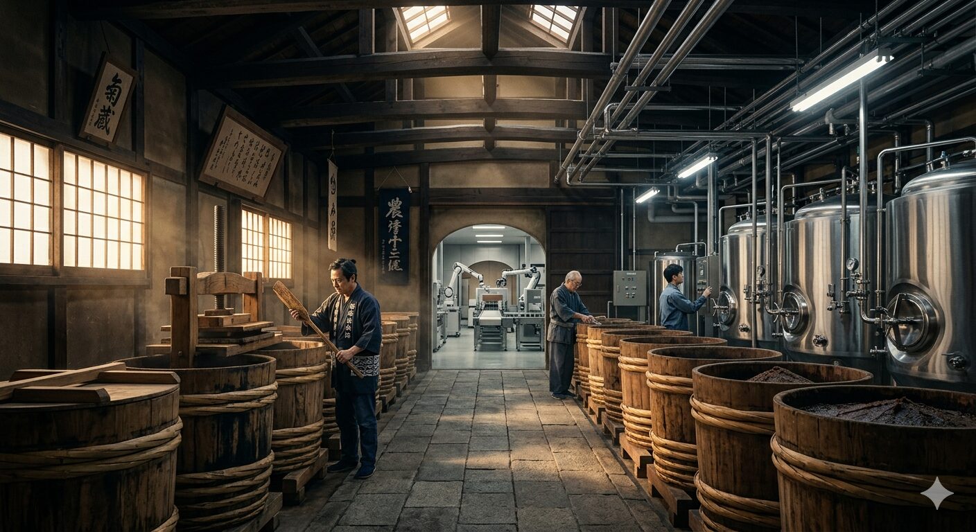 伝統的な木桶が並ぶ日本の醤油蔵と味噌蔵を表現した発酵食品メーカー歴史記事のアイキャッチ画像です。