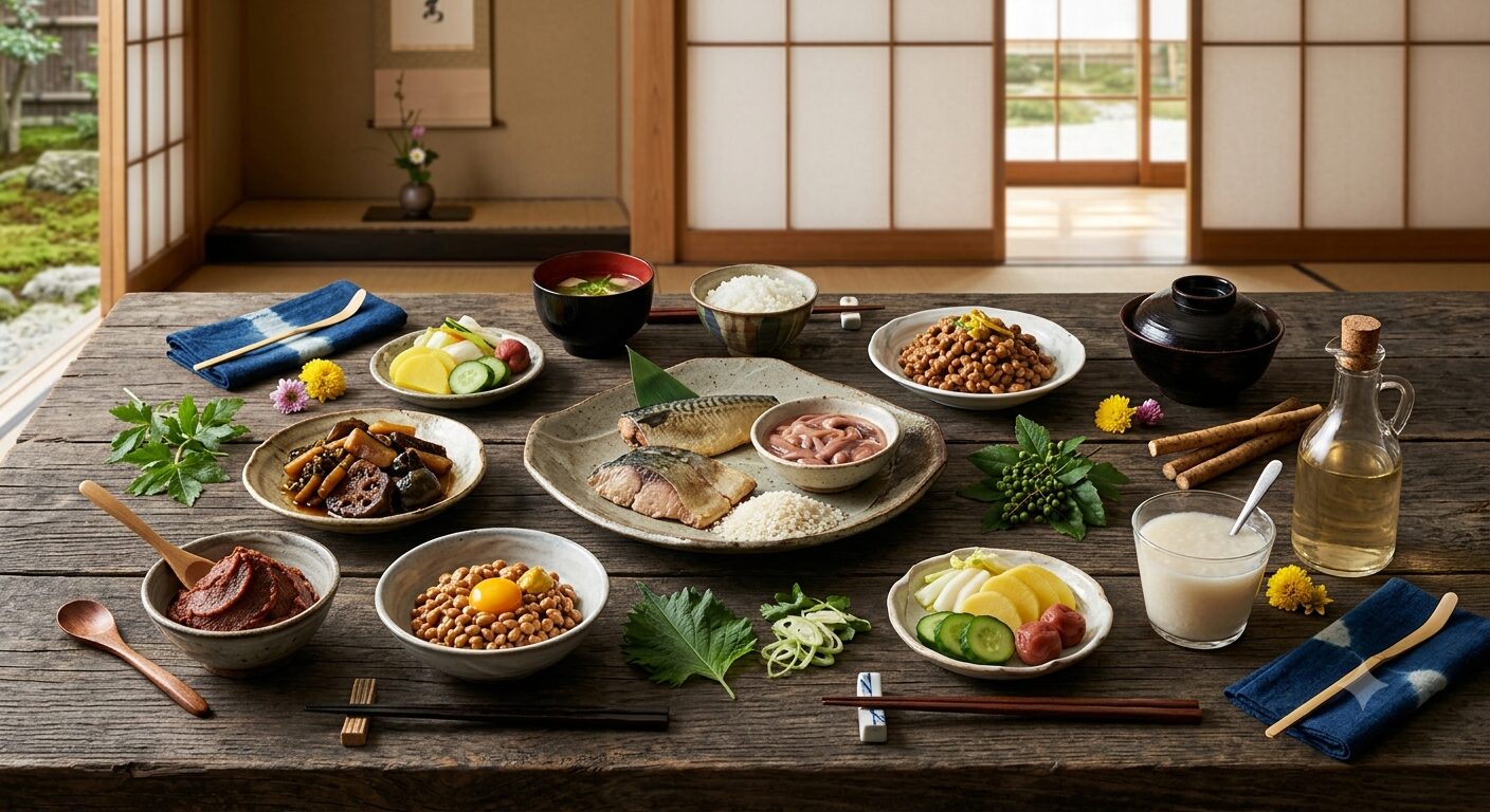 味噌や納豆、甘酒などの発酵食品を美しく並べ、発酵食品と東洋医学の調和を表現した写真です。