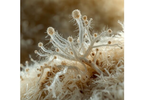 白く伸びた麹菌(アスペルギルス・オリゼー)の菌糸と分生子柄を拡大した顕微鏡イメージ。発酵が進んだ麹の表面に、繊細な菌糸が立ち上がっている様子。