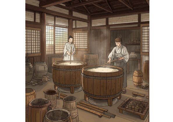 『播磨風土記』の記述をもとに再現された古代の酒造りの様子。伝統衣装をまとった人々が木造の建物内で大きな桶の中の米をかき混ぜており、麹菌を用いた発酵の様子を表現している。