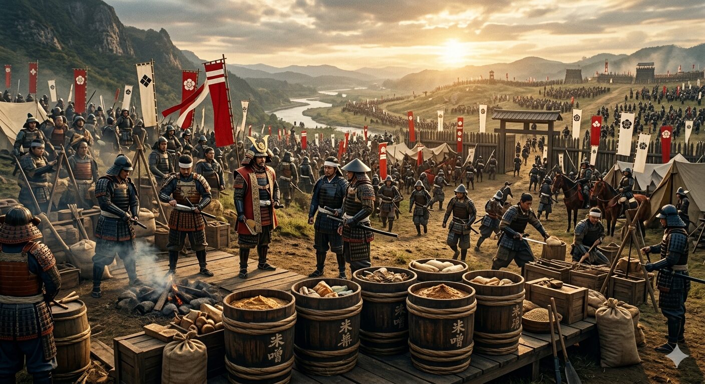 戦国時代の陣営と味噌樽のイメージ