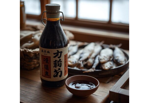 木のテーブルに置かれた秋田の魚醤「しょっつる」の瓶。奥にはハタハタの入った器が見え、伝統的な発酵調味料の原料と風味を伝える構図。