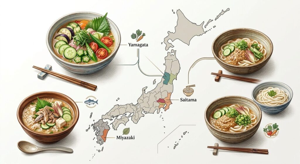 宮崎県・埼玉県・山形県の位置と、それぞれ異なる冷や汁文化を表現した日本の郷土料理のイメージです。