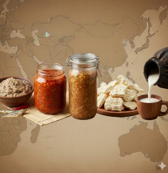 ンガピ、プラホック、パデーク、アーロール、馬乳酒など、アジアの伝統発酵食品を並べたコラージュ風イメージ。素朴な器と発酵食品が、地域ごとの食文化を象徴する。