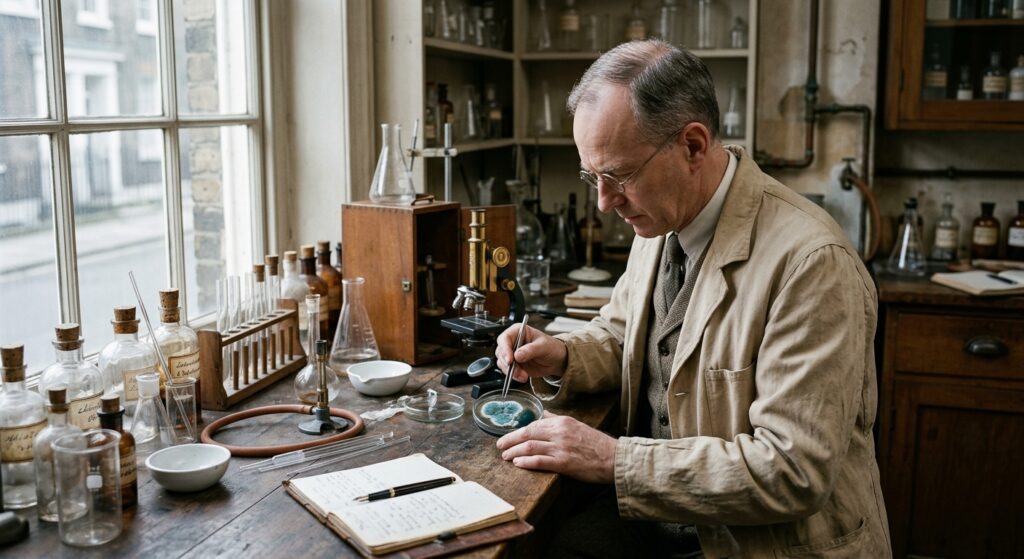 1920年代の研究室で青カビの生えた培養皿を観察する微生物研究の様子です。ペニシリン発見の歴史をイメージできる場面です。