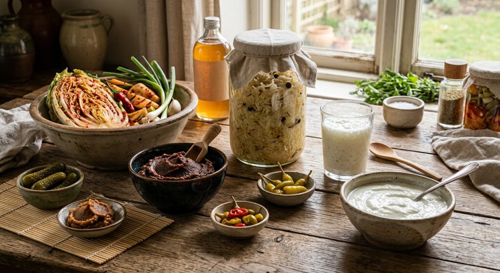 味噌、キムチ、ザワークラウト、ケフィア、ヨーグルトなど世界各地の発酵食品を並べた様子です