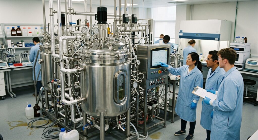 大型のバイオリアクターで微生物を培養し、医薬品を製造する現代のバイオテクノロジー研究施設です。