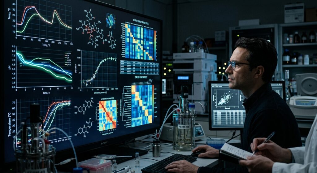 AIが発酵に関する温度やpH、微生物の増殖データなどを解析し、医薬品開発に活用するイメージです。