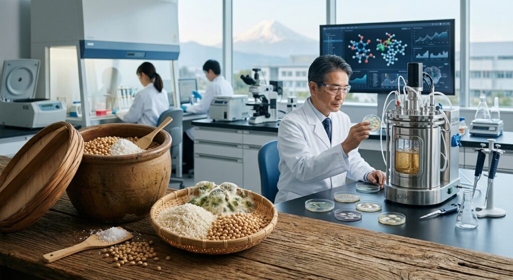 味噌の発酵から医薬品製造に使われるバイオリアクターまで、発酵技術と現代医療のつながりを表現したイメージです