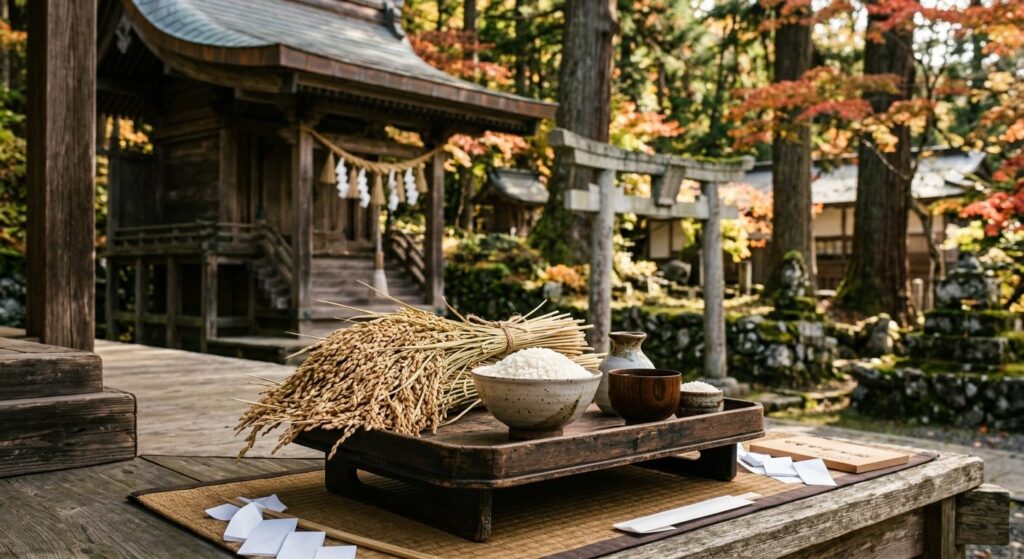 神社に奉納される新米と稲穂の様子で、日本の稲作文化の歴史を表現した写真です。