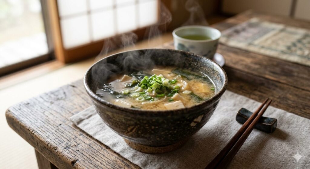 湯気の立つ味噌汁が食卓に置かれている様子です。体を温めるイメージが伝わります。