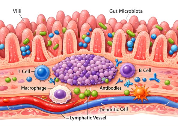 腸の内壁の断面図。絨毛の表面に腸内細菌が存在し、その下にT細胞、B細胞、マクロファージ、樹状細胞などの免疫細胞が描かれている。リンパ管や抗体も示され、腸内での免疫応答の仕組みを視覚的に説明している。