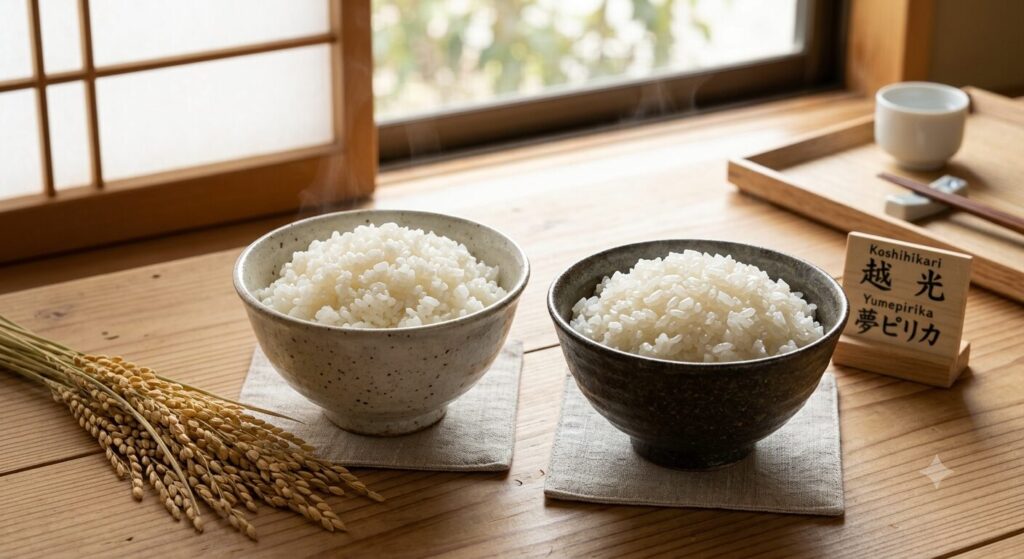 代表的な米品種をイメージした炊きたての白米で、品種ごとの特徴を紹介する写真です。