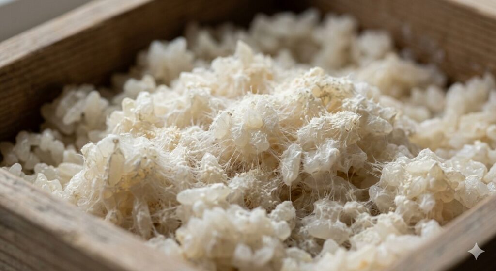 麹菌が米に繁殖している様子です。発酵の仕組みを視覚的に理解できます。