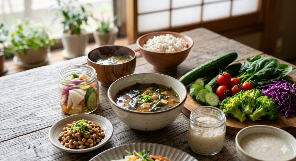 発酵食品と野菜が並ぶ健康的な食卓の様子です。腸内環境の改善を表しています。
キャプション